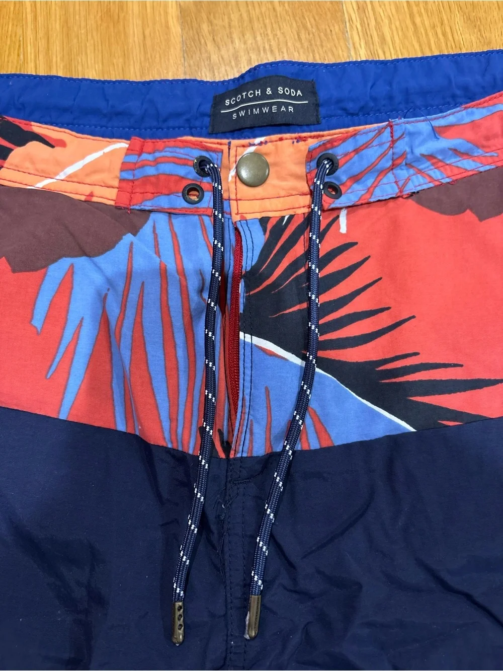 Scotch & Soda Navy Swim Trunks with Coral Tropical Waistband